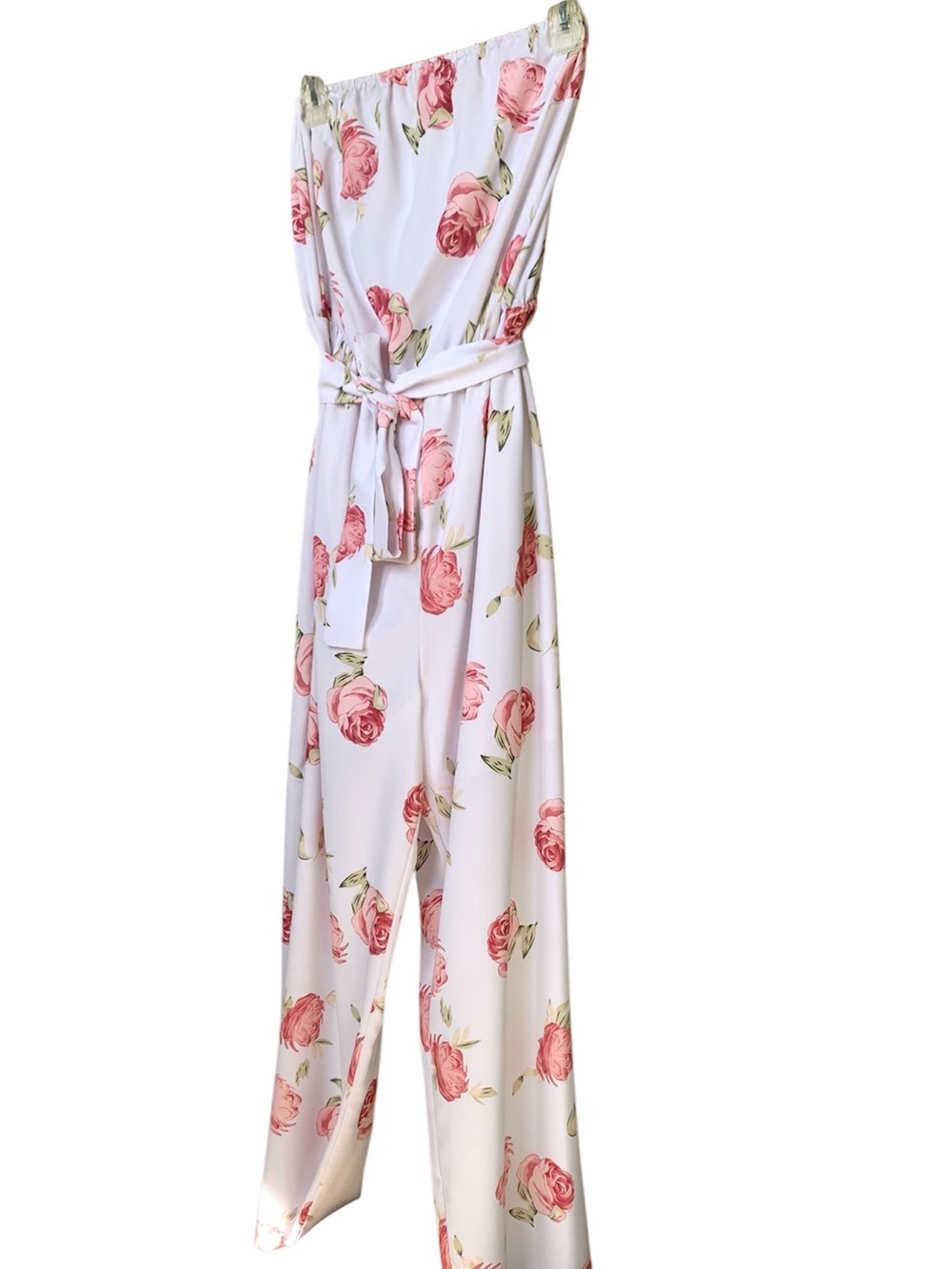 White Floral Strapless Jumpsuit with Pink Roses